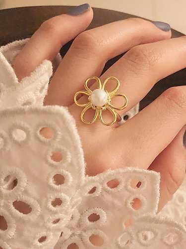 925 Sterling Silver Imitation Pearl White Flower Cute Band Ring