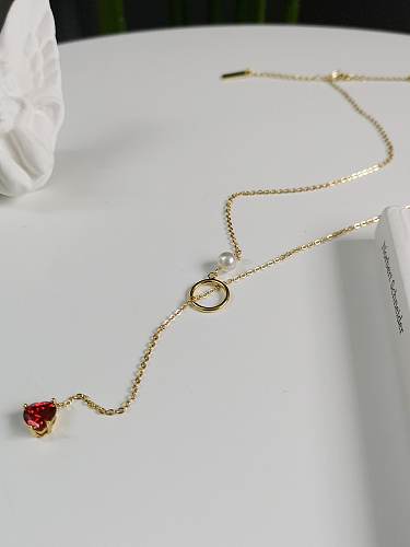 925 Sterling Red Silver Cubic Zirconia Tassel Heart Minimalist Lariat Necklace