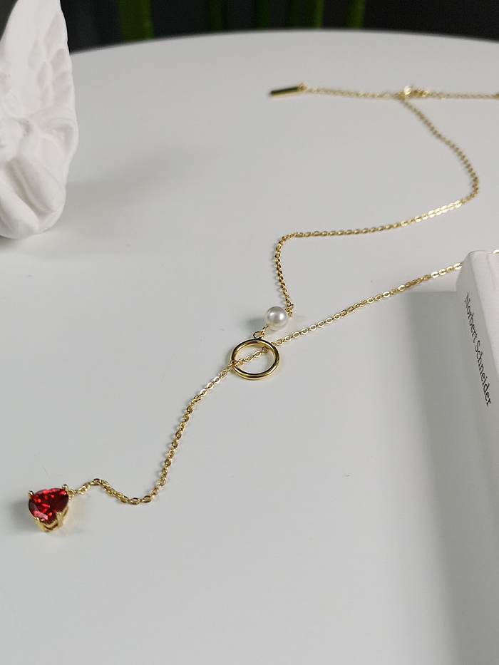 925 Sterling Red Silver Cubic Zirconia Tassel Heart Minimalist Lariat Necklace