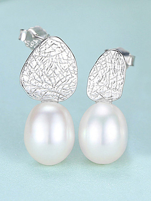 925 Sterling Silver With Artificial Pearl Simplistic Geometric Drop Earrings