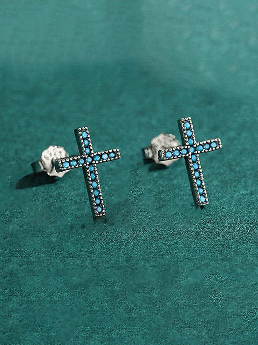 925 Sterling Silver Turquoise Cross Vintage Stud Earring