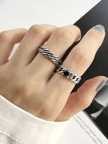 Anel de prata esterlina 925 zircônia cúbica preta quadrado vintage corrente tamanho livre anel