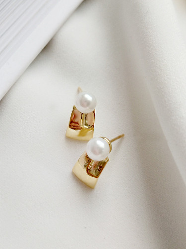 Sterling silver geometry synthetic pearl earrings