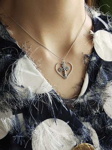 925 Sterling Silver Heart Vintage Love Cross Necklace