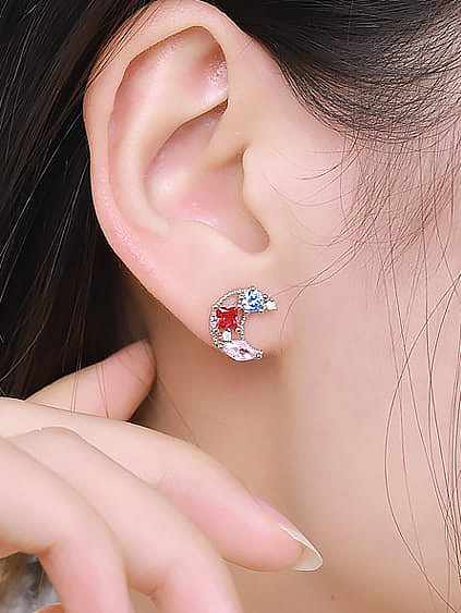 925 Sterling Silver Cubic Zirconia Moon Minimalist Asymmetrical Stud Earring