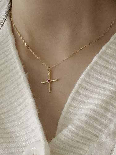 925 Sterling Silber Roter Strass Kreuz Minimalistische Religiöse Halskette