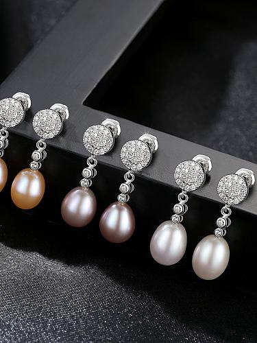 Sterling silver micro-set 3A zircon 8-9mm natural pearl earrings