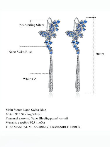 925 Sterling Silver Nano Swiss Blue Topaz Butterfly Tassel Artisan Cluster Earring