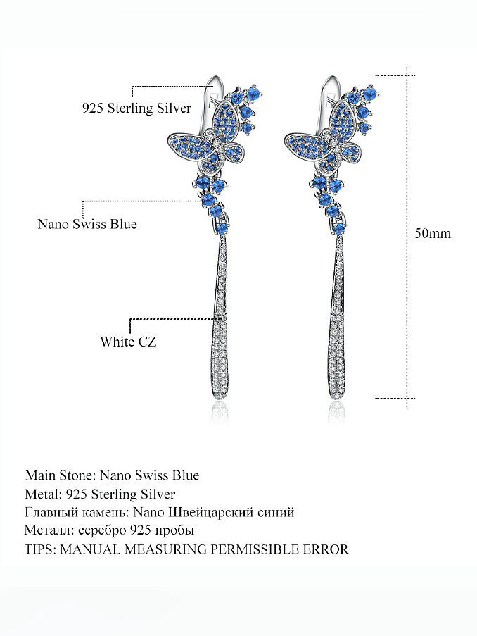 925 الفضة الاسترليني نانو السويسري الأزرق توباز الفراشة شرابة حلق العنقودية الحرفيين