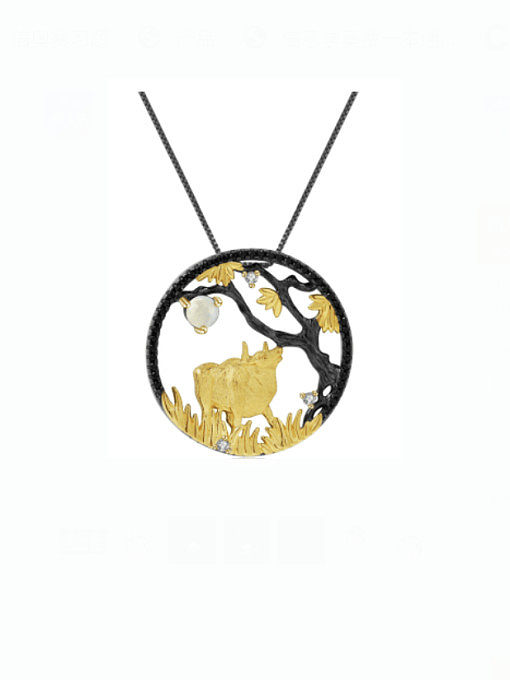 925 Sterling Silver Natural Stone Zodiac Cow Ethnic Necklace