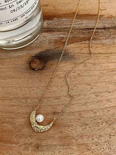 925 Sterling Silver Imitation Pearl Moon Vintage Necklace
