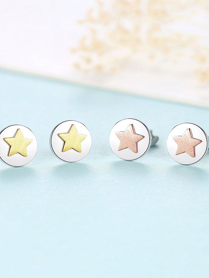 Boucles d'oreilles en argent sterling 925 avec placage bicolore Simplistic Round Cute stars