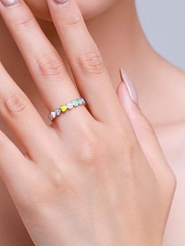 925 Sterling Silver Enamel Cubic Zirconia Heart Minimalist Band Ring