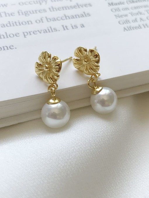 925 Sterling Silver Imitation Pearl White Flower Minimalist Drop Earring