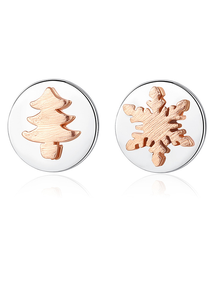 925 Sterling Silver With Glossy Simplistic Christmas Tree Snowflake Stud Earrings