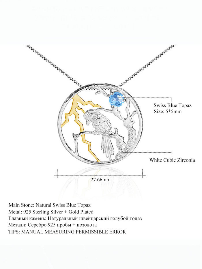 Colar artesanal de pássaro de topázio de prata esterlina 925 cor natural