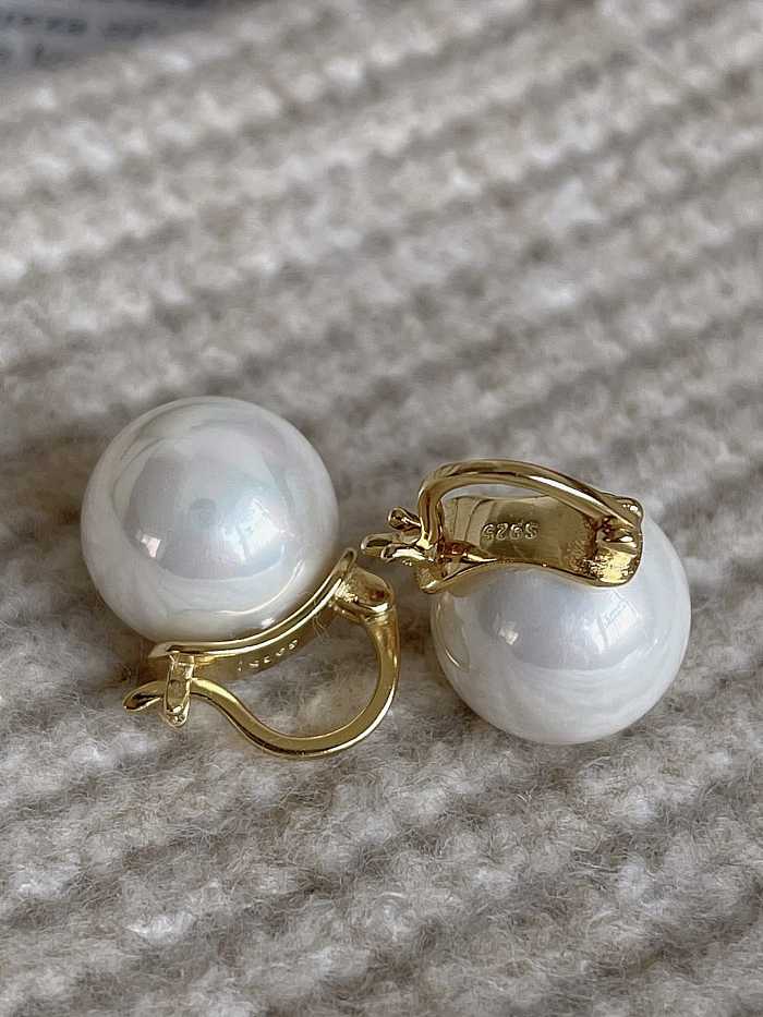 925 Sterling Silver Imitation Pearl Round Ball Minimalist Huggie Earring