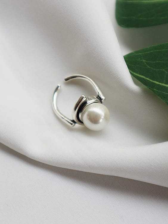 925 Sterling Silver White Imitation Pearl Minimalist Free Size Ring