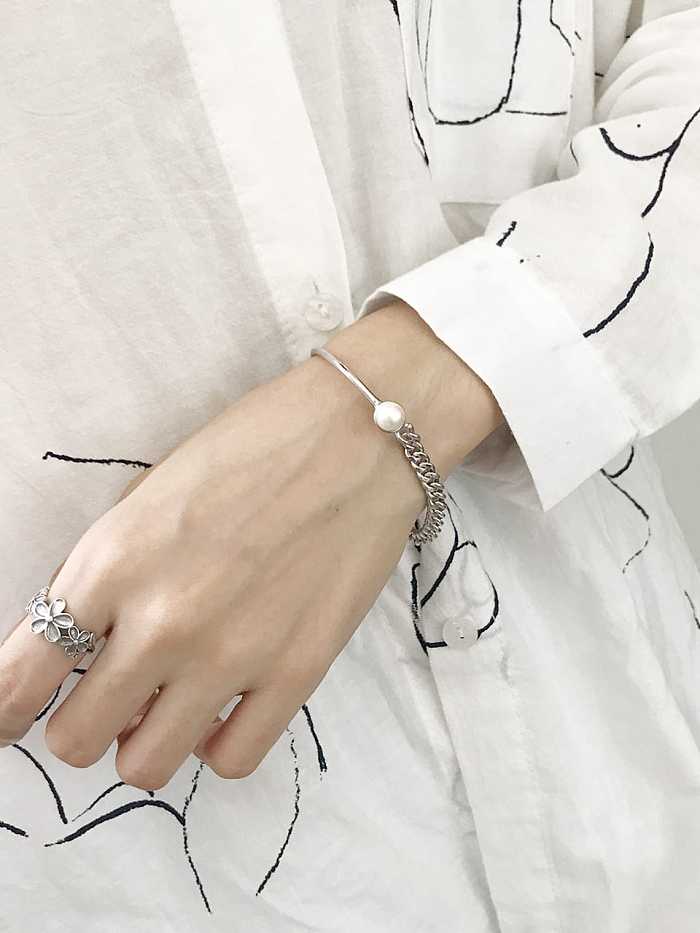 925 Sterling Silver Imitation Pearl Geometric Trend Link Bracelet