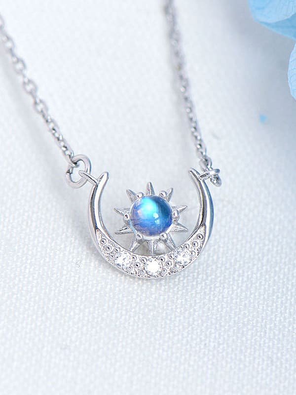 925 Sterling Silver Rhinestone Moonstone Moon Dainty Necklace