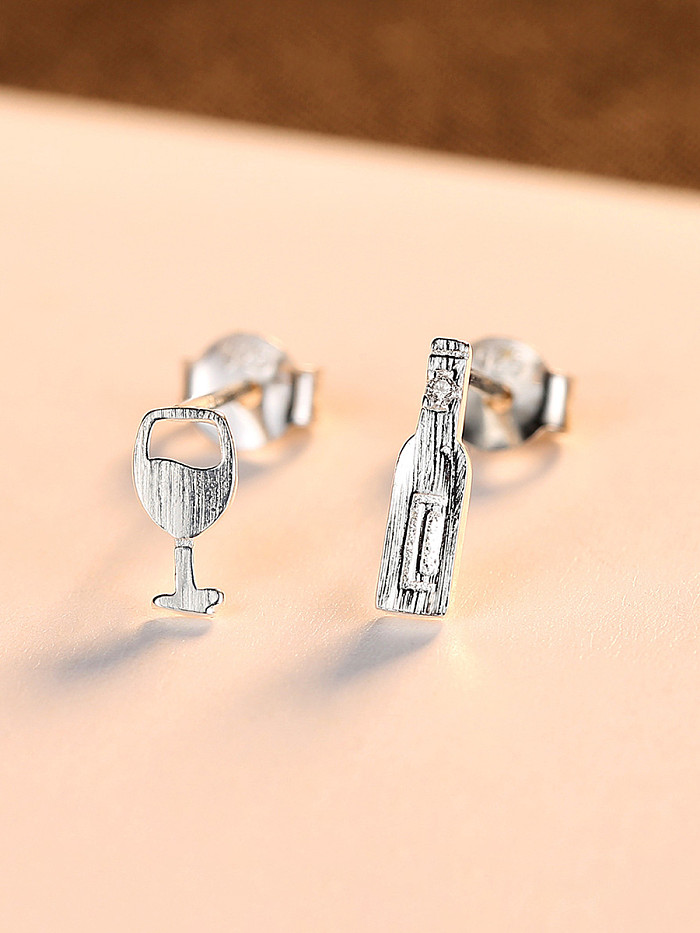925 Sterling Silver With Glossy Simplistic asymmetry Wine bottle Stud Earrings