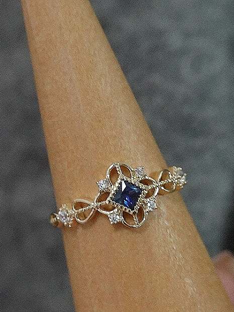 925 Sterling Silver Cubic Zirconia Blue Flower Vintage Band Ring