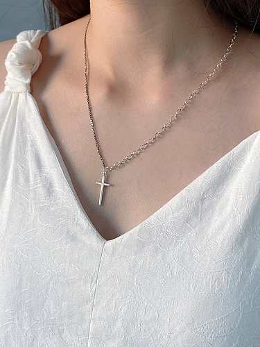 925 Sterling Silber Einfache glänzende Kreuzanhänger-Halskette