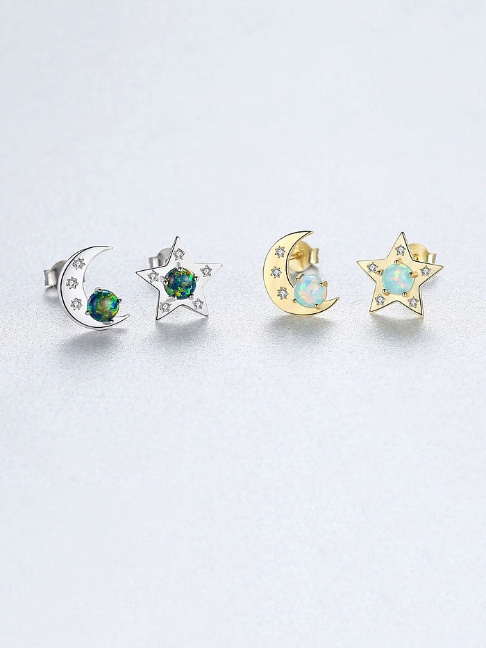 925 Sterling Silver With Opal Cute Star Moon Asymmetry Stud Earrings