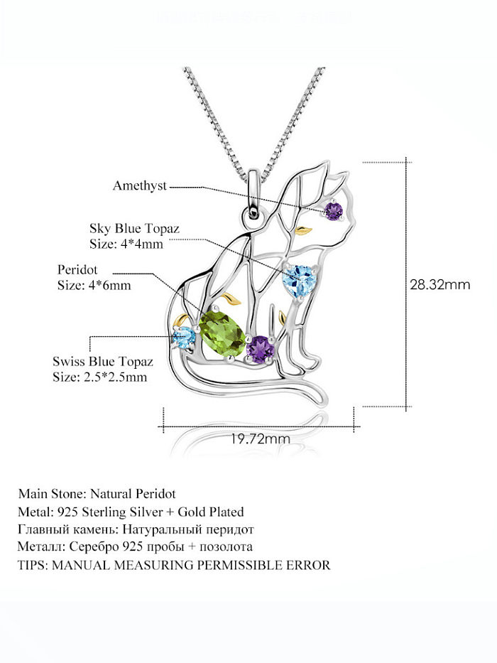 Halskette mit Anhänger aus 925er Sterlingsilber, Naturstein, Katze, Handwerker, unregelmäßig, geometrischer Stein