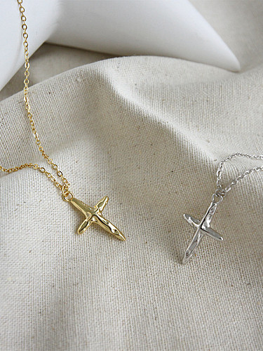 925 Sterling Silver With Gold Plated Simplistic Convex-Concave Cross Necklaces