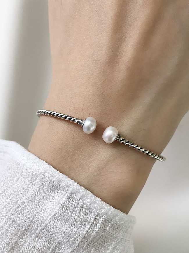 925 Sterling Silver Imitation Pearl White Ball Vintage Cuff Bangle