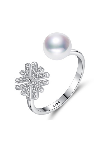 Pure silver zircon snowflake natural freshwater pearl free size ring