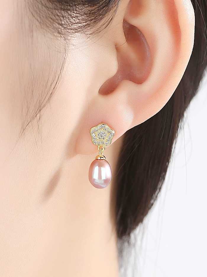 Boucle d'oreille géométrique en argent sterling 925 avec zircon cubique et perles d'eau douce