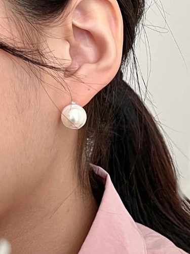 925 Sterling Silver Imitation Pearl Round Vintage Huggie Earring