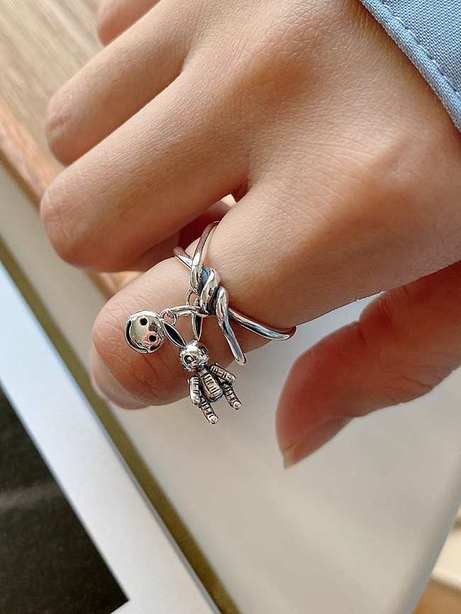 925 Sterling Silver Irregular Cute Little Rabbit Smile Free Size Midi Ring