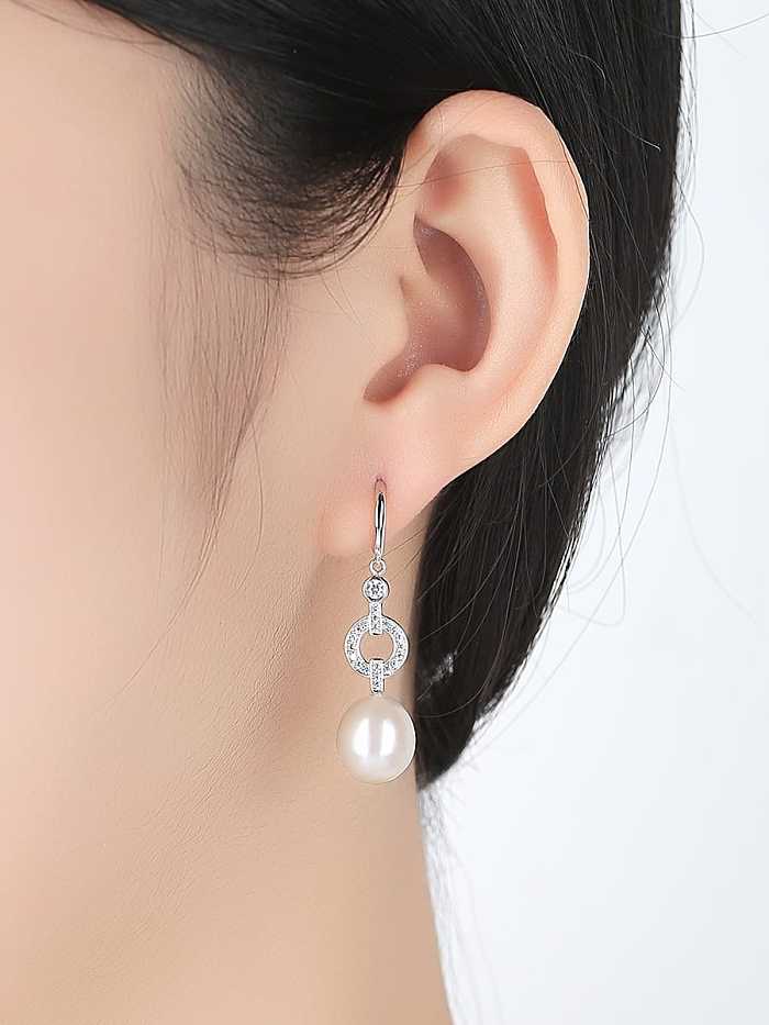 925 Sterling Silver Freshwater Pearl Hollow Geometric Classic Hook Earring