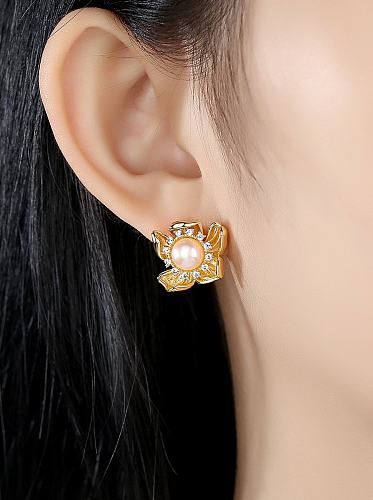 925 Sterling Silver With Artificial Pearl Delicate Flower Stud Earrings