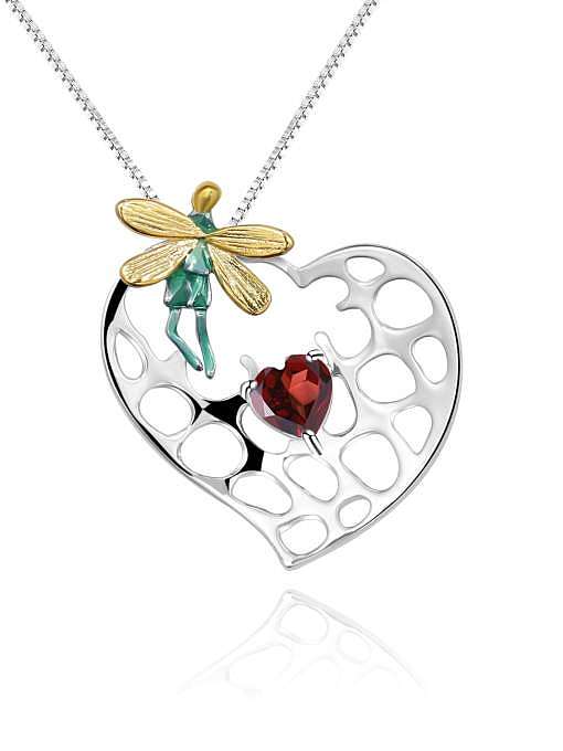 925 Sterling Silver Amethyst Dragonfly Heart Artisan Necklace