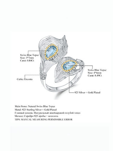 Anillo de banda artesanal de hoja de topacio azul suizo de plata de ley 925