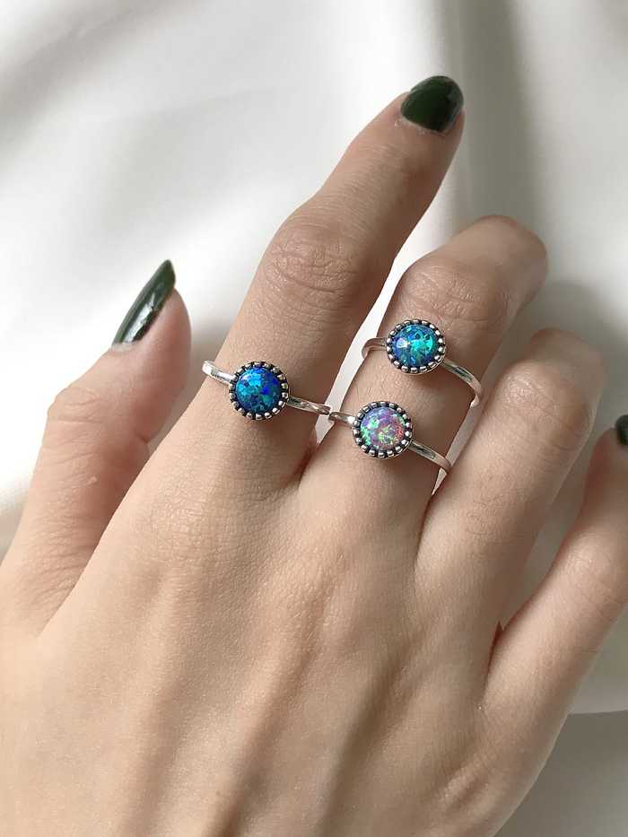 925 Sterling Silver Minimalist Multi Color Opal Round Free Size Ring