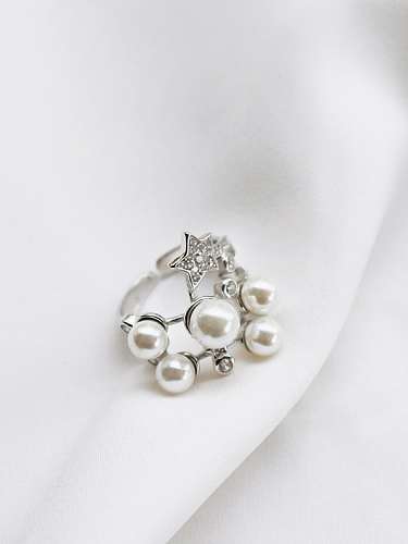 925 Sterling Silver Imitation Pearl White Star Dainty Band Ring