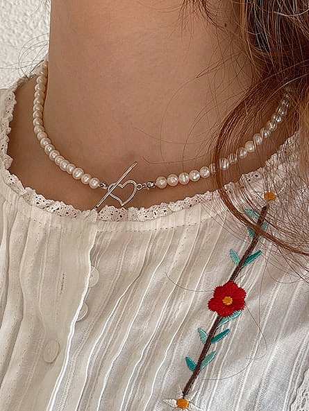Collar vintage de corazón de perla de imitación de plata de ley 925
