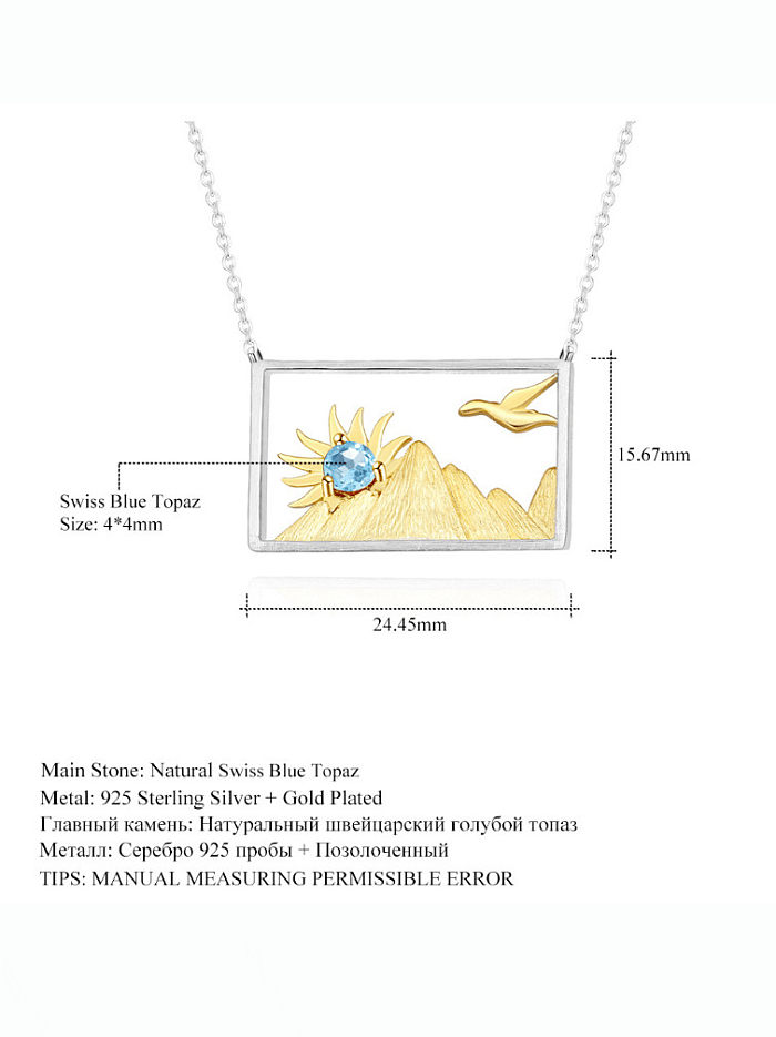 Collier pendentif géométrique artisanal en argent sterling 925 avec trésor de couleur naturelle et coucher de soleil