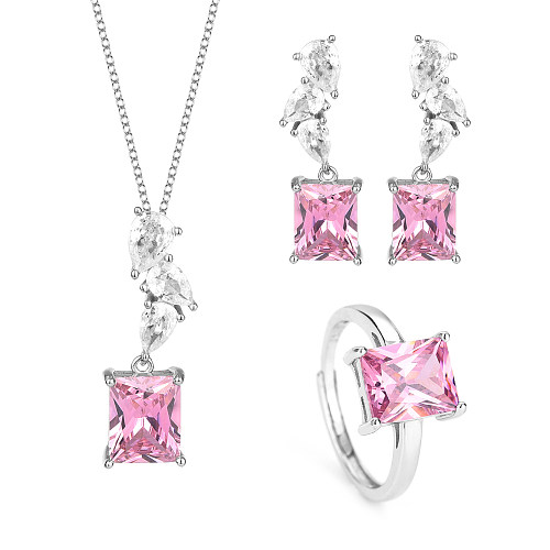 Cubic Zirconia Rectangle Pendant Necklace Stud Earring Ring Set 140300002