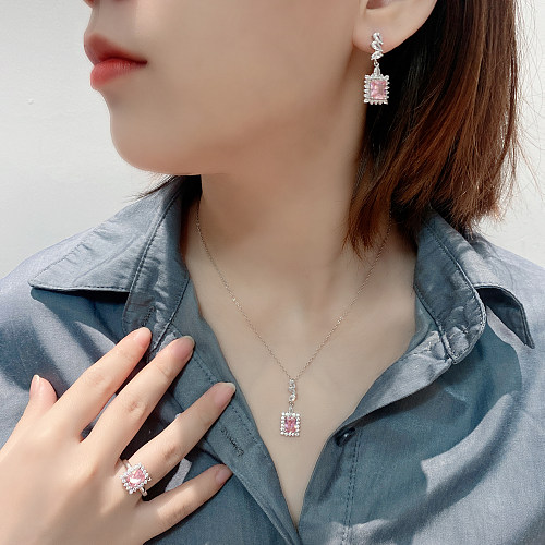 Cubic Zirconia Rectangle Pendant Necklace Stud Earring Ring Set 140300001