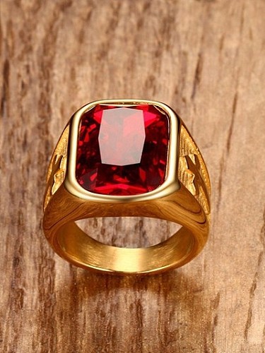 Personality Red Square Shaped Gold Plated Rhinestone Titanium Ring
