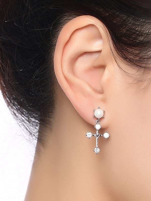 Elegant Platinum Plated Cross Shaped Shell Drop Earrings