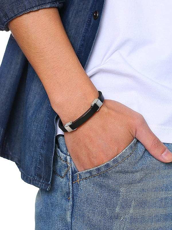 Titanium Black Leather Geometric Minimalist Band Bracelets