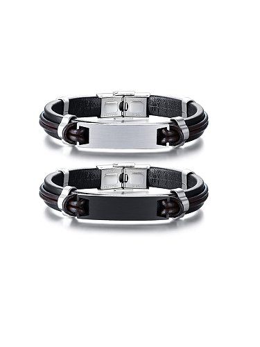 Stainless Steel With Simple Square Men's Leather Bracelet