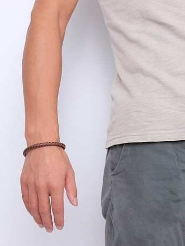 Men Delicate Brown Artificial Leather Titanium Bracelet